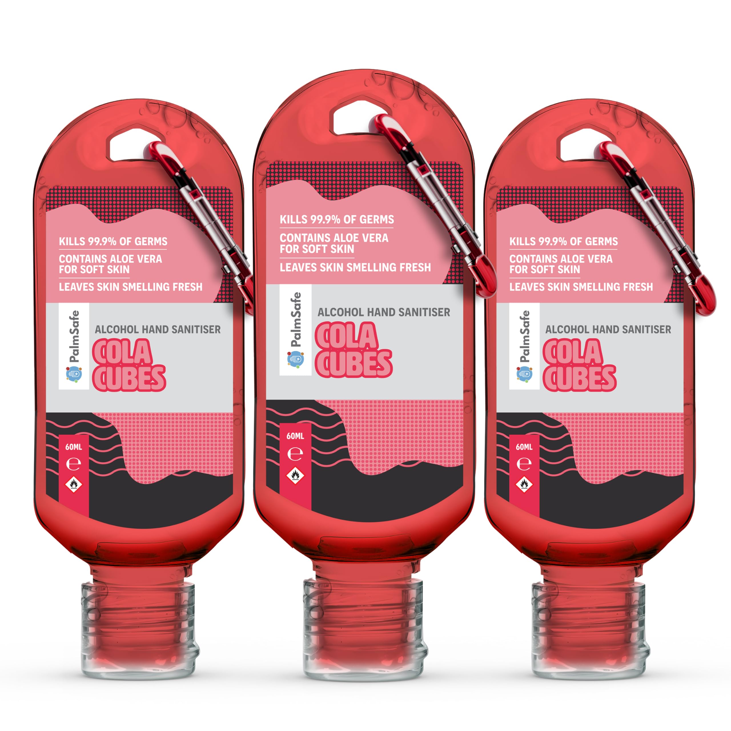 Palm Safe Cola Cubes 3 Pack 60ml Anti Bacterial Premium Hand Sanitiser Travel Size Refillable Clip Bottle Quick Drying Non Sticky Extra Moisturising Kills 99.9% of Viruses and Bacteria