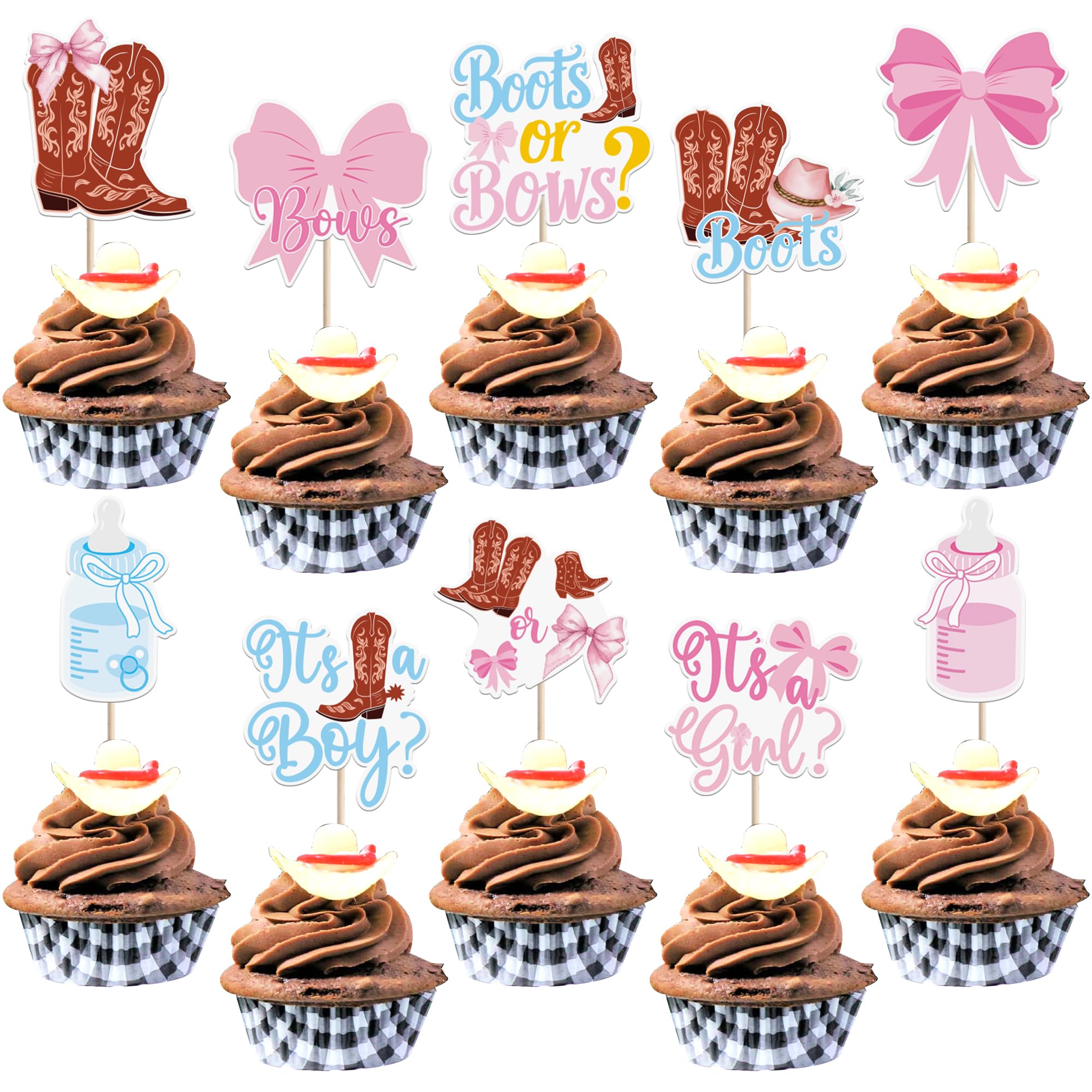 SYKYCTCY 40 Pack It's a Boy or It's a Girl Cupcake Toppers Double Sided Boots or Bows Cupcake Picks Gender Reveal Cake Decorations for Western Theme Baby shower Birthday Party Supplies