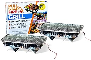 Pull Start Fire Grill | Single Use Portable Disposable Charcoal BBQ with Pull Start Matchless Ignition | Ready in 5 Min, 3 Hour Burn | Camping, Tailgating, Outdoor Cooking, No Cleanup Needed