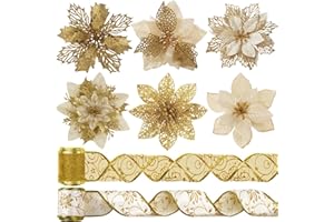 OUDDY DECOR 26 Pcs Gold Christmas Decorations Set, 6 Style Poinsettias Artificial Christmas Flowers with 16 Yards Christmas Tree Ribbon Ornaments for Winter Holiday DIY Crafts Indoor Outdoor Home Decor