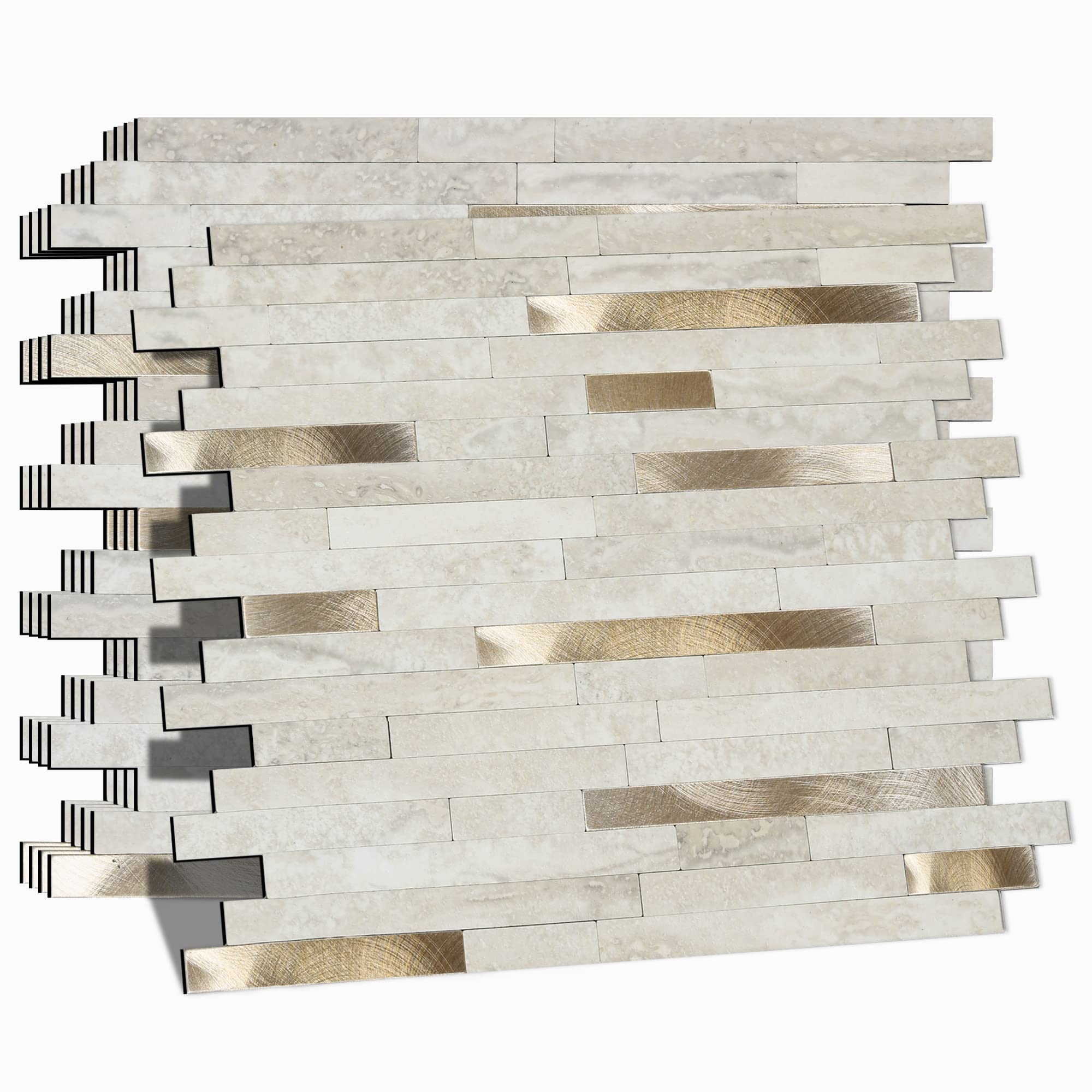 Photo 1 of Eazart Peel and Stick Backsplash for Kitchen, Self-Adhesive Metal Gold Beige Marble Subway Tiles Decorate Kitchens Bathrooms Laundry Fireplaces, 10-Sheets