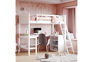 BIADNBZ Wooden Twin Size Loft Bed with Desk and Storage Shelves for Kids,Teens,Bedroom,White