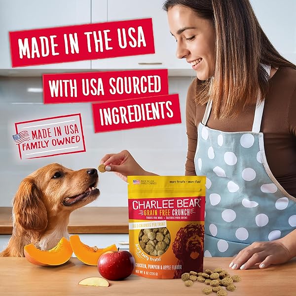 CHARLEE BEAR CRUNCH GRAIN FREE DOG TREATS, CHICKEN, PUMPKIN AND APPLE, 8 OUNCE RESEALABLE BAG, LOW CALORIE TRAINING TREATS FOR DOGS, LIMITED INGREDIENT, HEALTHY, CRUNCHY DOG SNACKS, MADE IN USA