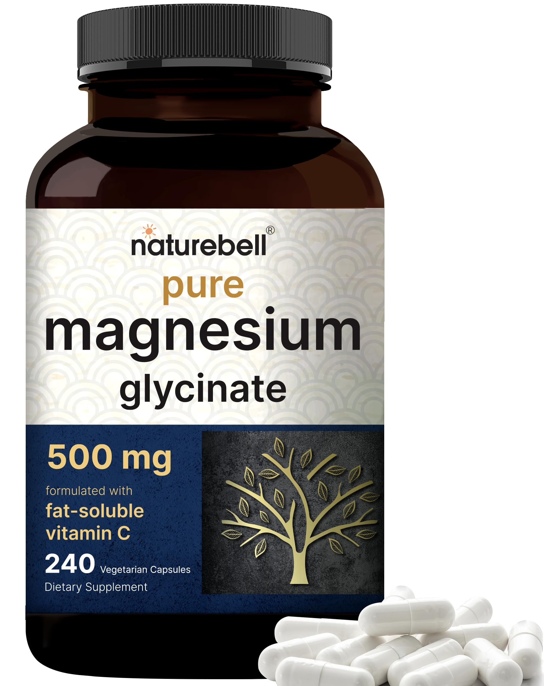 Pure Magnesium Glycinate 500mg with Fat Soluble Vitamin C, 240 Veggie Capsules | Supplement for Sleep, Heart & Muscle Support* – 100% Chelated & Purified – 3rd Party Tested, Vegan Friendly, Non-GMO
