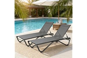 Kozyard 2Pack Patio Chaise Lounge Chair Full Flat Alumium Adjustable Chair Flat Chaise Lounge Outdoor Chair for Sunbathing, Poolside, Beach, 2Gray Textilene Lounge