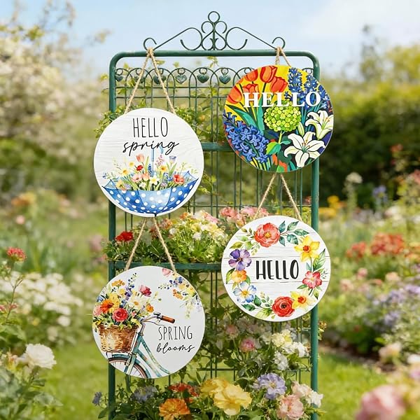4 PCS HELLO SPRING DECORATIONS FOR HOME, COLORFUL FLOWERS WOODEN HANGING SPRING DOOR SIGN, WELCOME FLORAL LANDSCAPE WALL ART HANGER FOR FRONT DOOR DECORATION, 11.81″X11.81″ PROCH WREATH DECOR