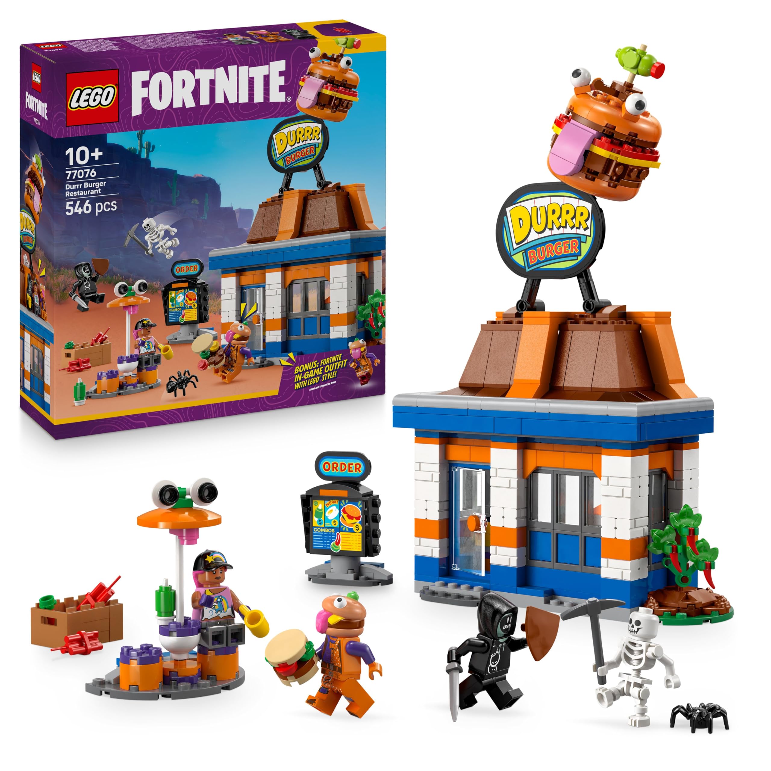 LEGO Fortnite Ristorante di Durrr Burger - Gioco Creativo con le Minifigure di Bombarola da Spiaggia, Manzo-boss e Makaber - Regalo per Gamer, Bambini e Bambine da 10 Anni in su da Collezione - 77076