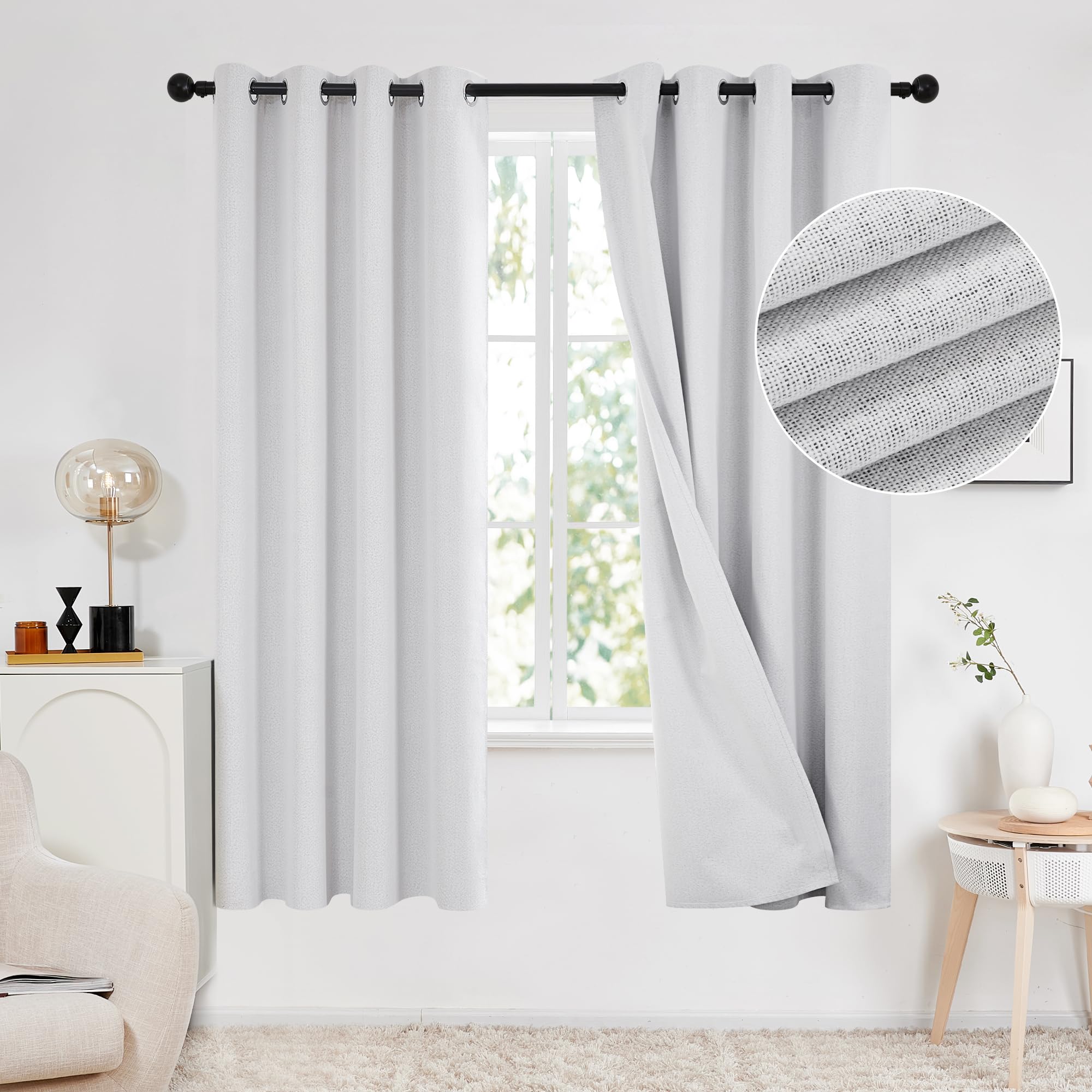 Deconovo 100% Blackout Faux Linen Curtains, Double-Sided, Thermal Insulated, Noise-Reducing, Eyelet Curtains for Bedroom & Living Room - 2 Panels (Greyish White 46"x72")