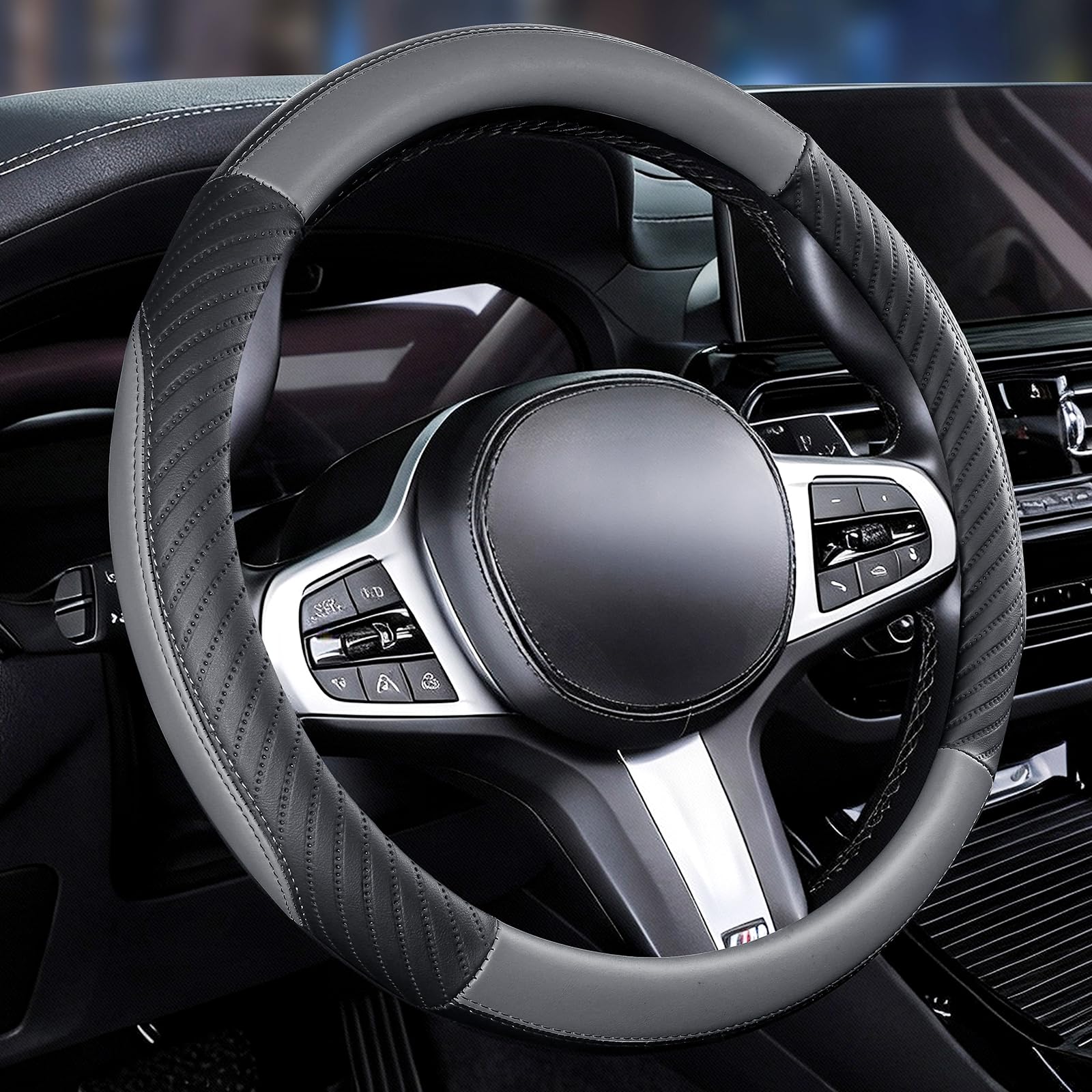 Car Steering Wheel Cover Leather - Soft Microfiber Steering Wheel Cover Universal Size M 37-38cm /14.5-15inch, Anti-slip, Breathable, Gray