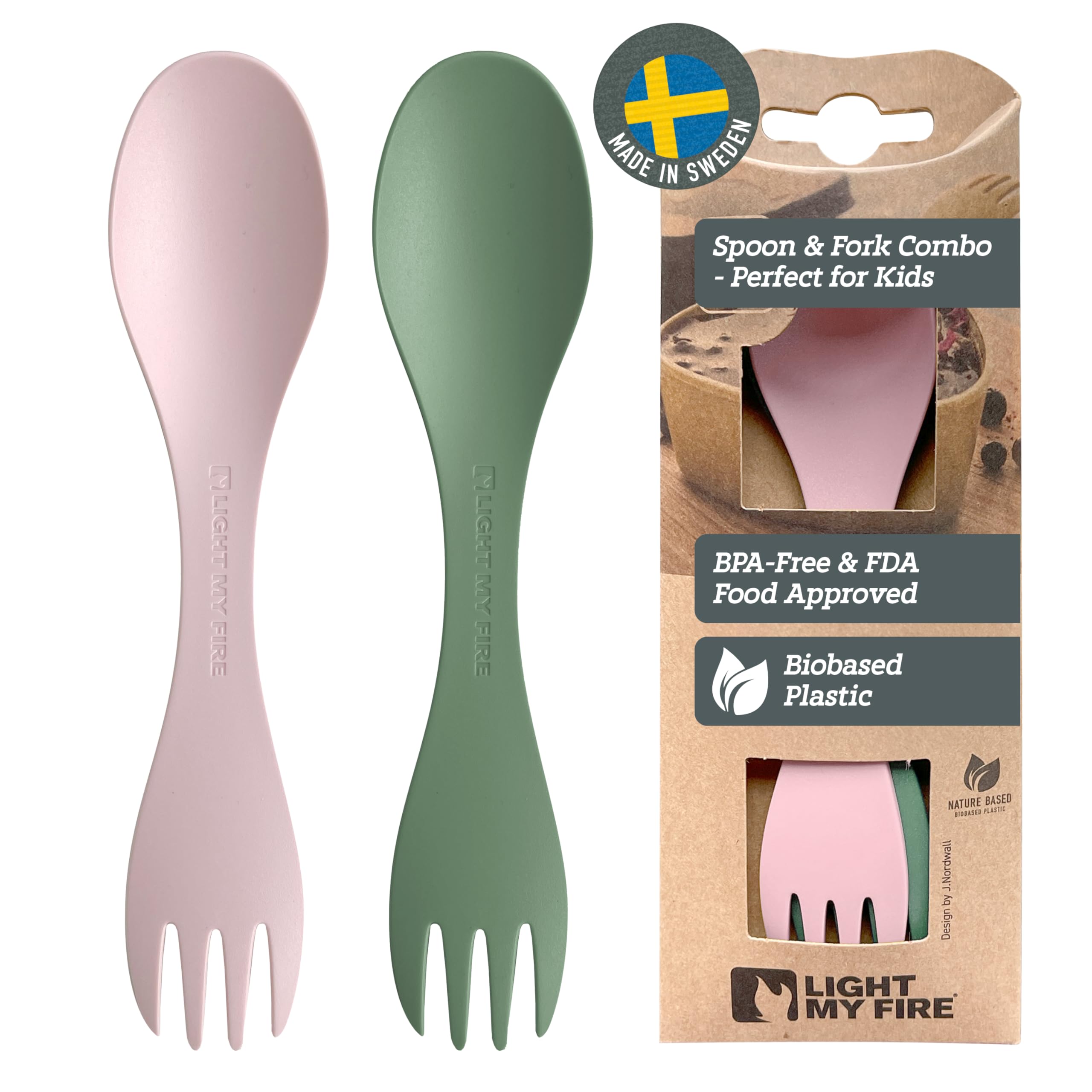 Light My Fire Spork Little 2-in-1 Durable Kids Cutlery Set 3 Year Old 2-Pack Reusable Travel Toddler Cutlery Set, BPA-Free Easy-to-Use Picnic Sporks Plastic Camping Accessories On-the-Go, Green/Pink