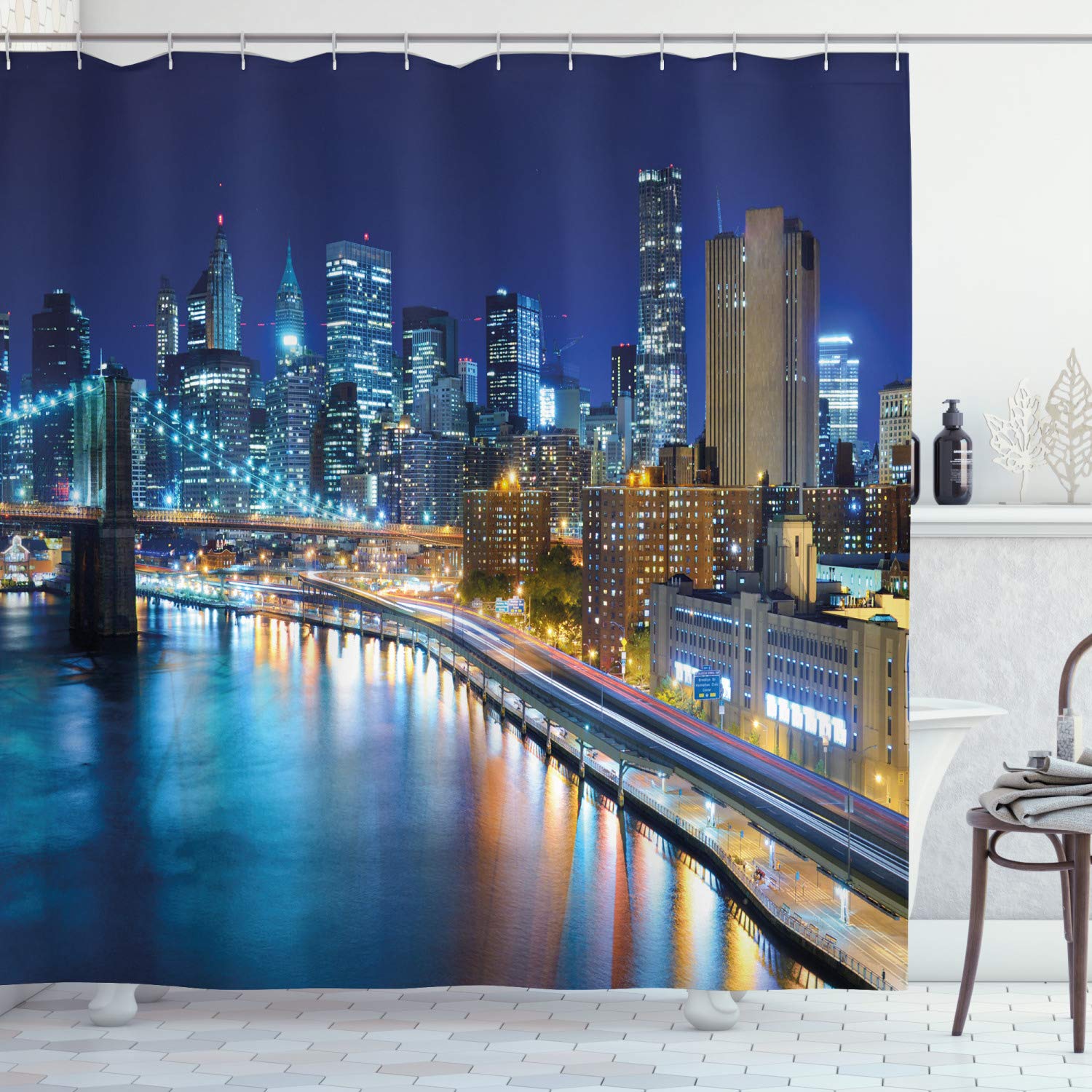 ABAKUHAUS Landscape Shower Curtain, View of Famous New York City Manhattan Bay Harbour at Night and Skyscrapers Print, Cloth Fabric Bathroom Decor Set with Hooks, 94 Inches, Multicolor