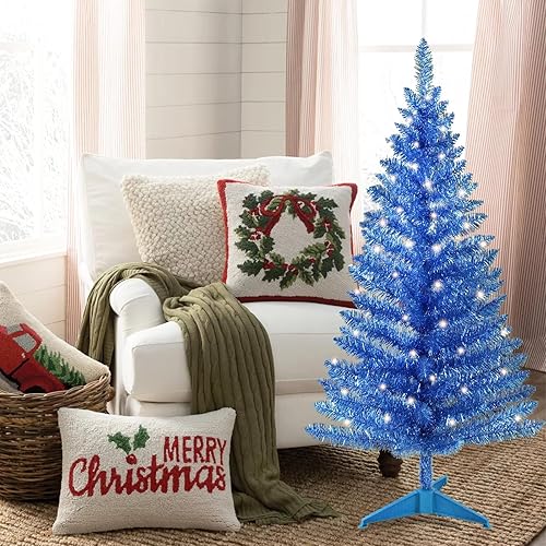 4ft Lighted Artificial Blue Christmas Tree Leeheeyee Small Xmas Tree, Not  Pre-lit Blue Tinsel Pine Trees wit