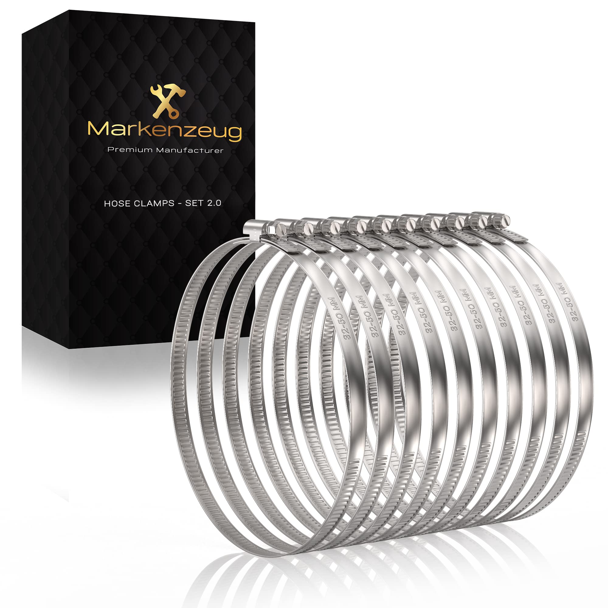 MARKENZEUG© Premium Hose Clamps [Set of 10] I Improved Concept 2020 - V2A Stainless Steel W4 Quality I 32-50 MM Stainless I Pipe Clamps for Pool Hose Washing Machine Car — image 1