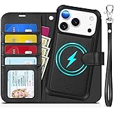 TUCCH 2-in-1 Detachable Wallet Case for iPhone 17 Pro (6.3-inch) 2025, Wireless Charging | RFID Blocking 4 Card Holder | Wrist Strap | Kickstand | Magnetic | PU Leather | Protective Flip Cover | Black