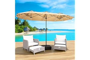 LEVELEVE 15FT Large Patio Patio Umbrella with Base & Solar LED Lights - Double-Sided,Kahaki