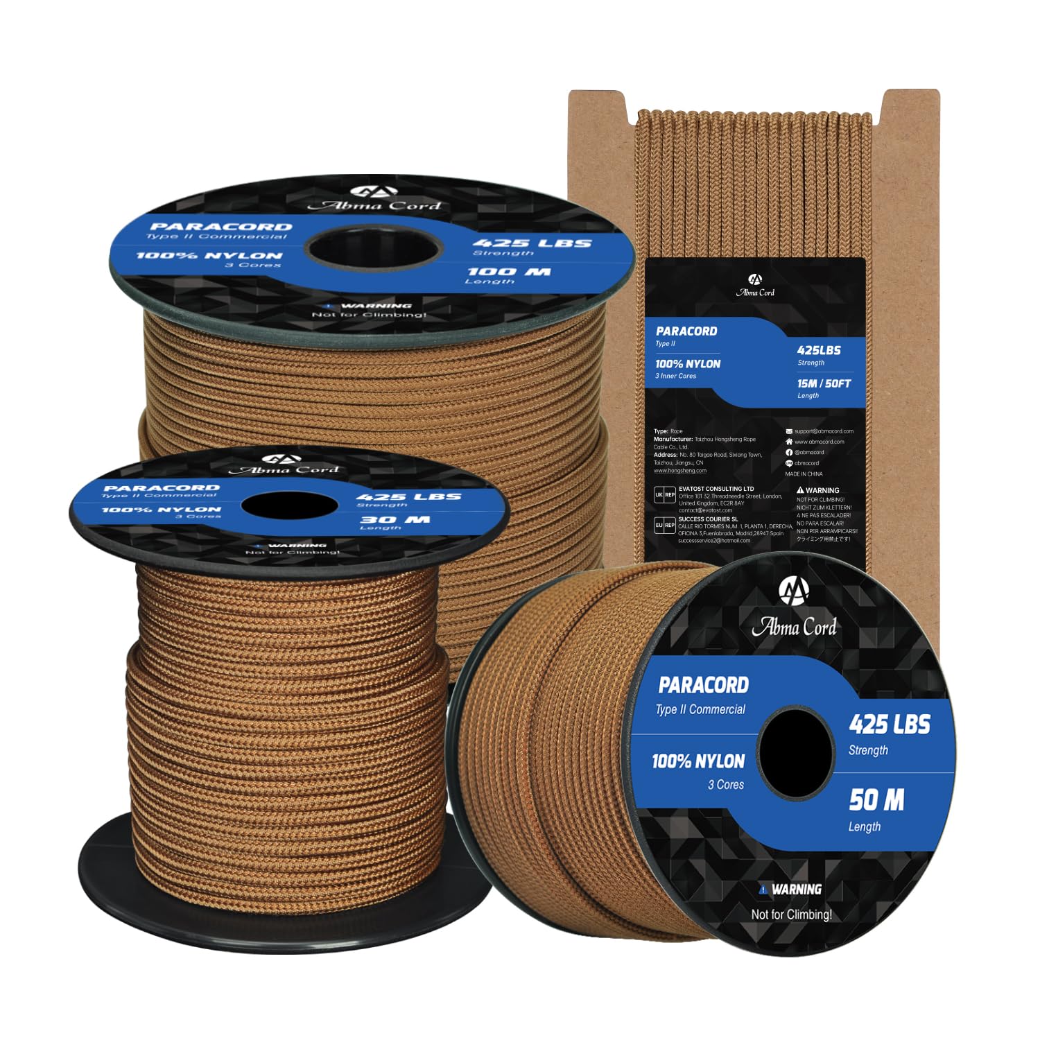 Abma Cord Paracord 3mm 100m 100% Nylon Rope Type II 3 Strands Parachute Cord - Max. 192kg (425lbs) - Coyote Brown