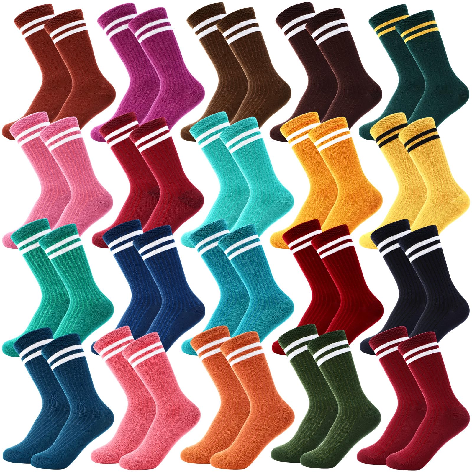 Photo 1 of Jeere 20 Pairs Colorful Striped Crew Socks Athletic Crew Solid Color Striped Cotton Tube Half Women Men Socks(Retro Color)