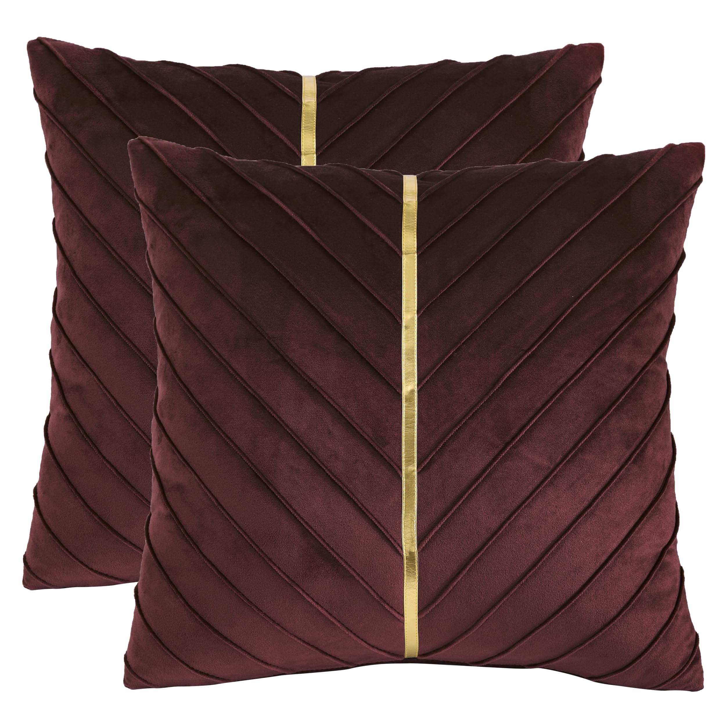 Tosleo Burgundy Velvet Throw Pillow Covers 20x20 inch Pack of 2 with Gold Leather Decorative Couch Pillow Cover Luxury Modern Pillowcases for Living Room Bedroom Sofa Cushion Bed 50x50CM