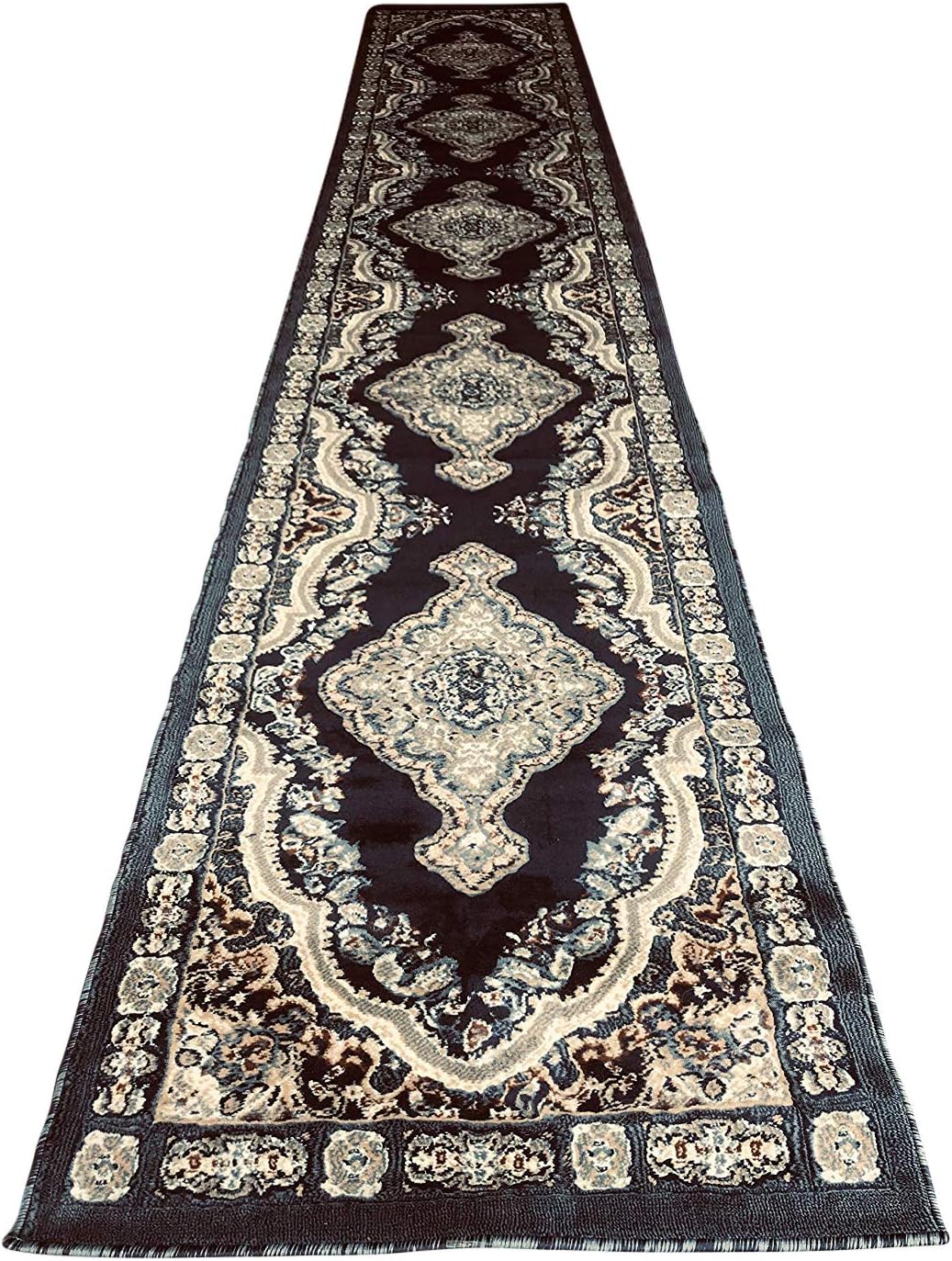 EMIRATES Traditional Long Runner Rug Dark Blue Grey Brown Design 520 (31 inch X 15 feet 8 inch)