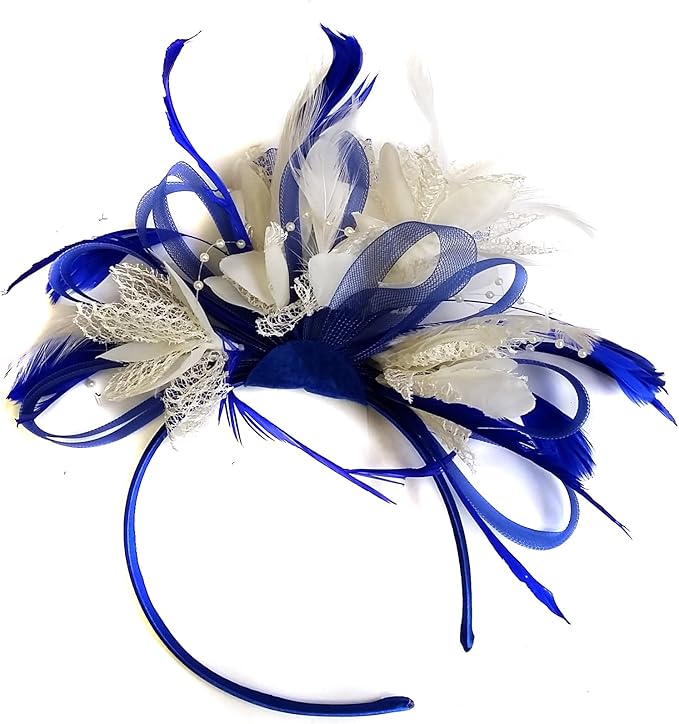 Royal Blue and Cream Feather Hair Fascinator Headband Wedding and Royal Ascot Races Ladies