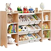 MallBest 4-Tier Kids' Toy Storage Organizer Shelf - 100% Solid Wood,Extra Wide Children's Storage Cabinet with 9 Plastic Bins and 6 Storage Ports
