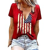 American Flag Shirt Tops Womens 4th of July T-Shirts Ring Hole Short Sleeve Sexy V-Neck Patriotic Tees