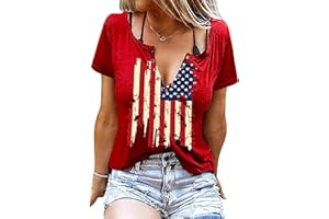 YI XIANG RAN American Flag Shirt Tops Womens 4th of July T-Shirts Ring Hole Short Sleeve Sexy V-Neck Patriotic Tees