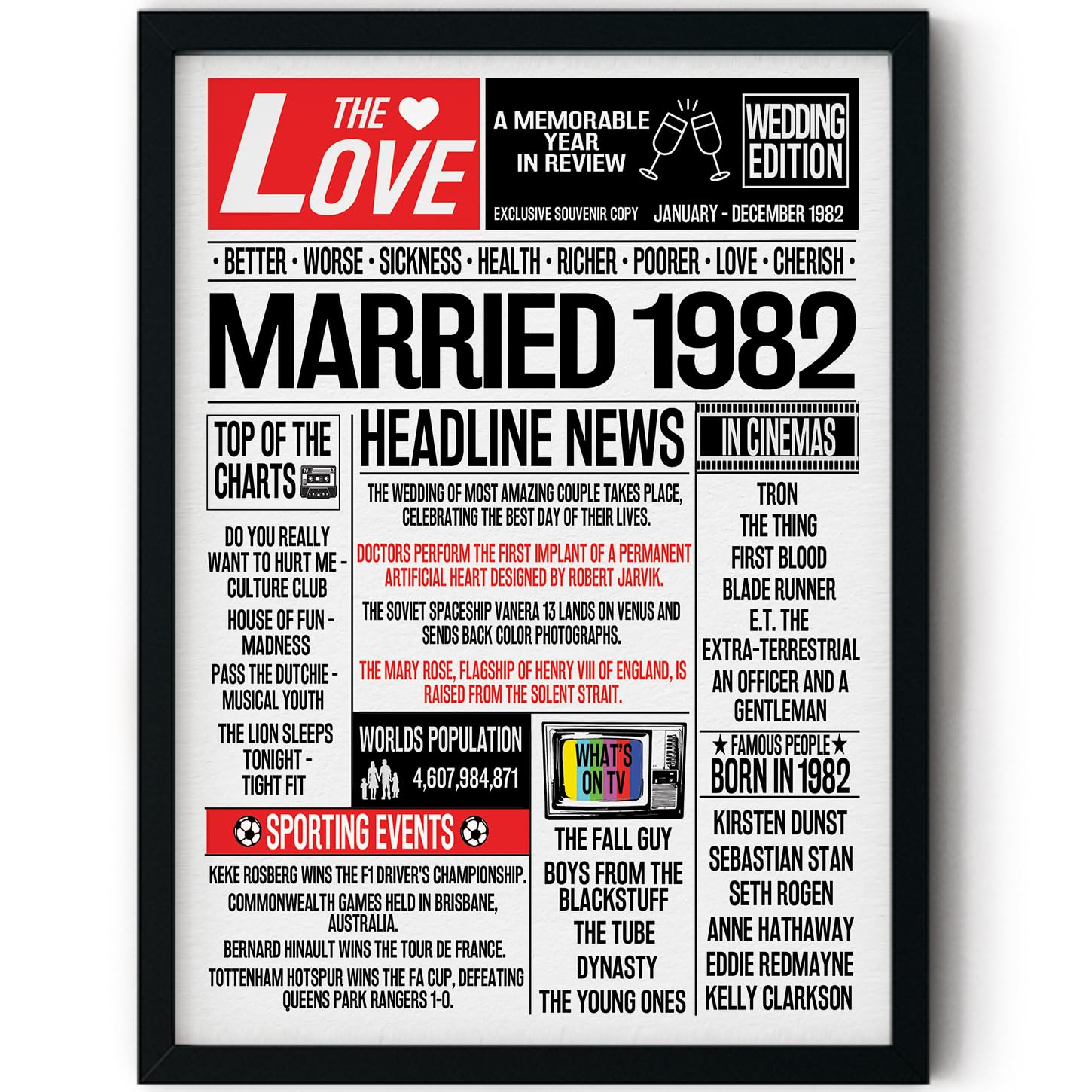 Stuff4 44th Anniversary Poster Framed - Married In 1982 Newspaper - Happy 44th Wedding Anniversary for Men Women Vintage Gifts Retro Back In 1982, 8x10 Inch Anniversaries Posters