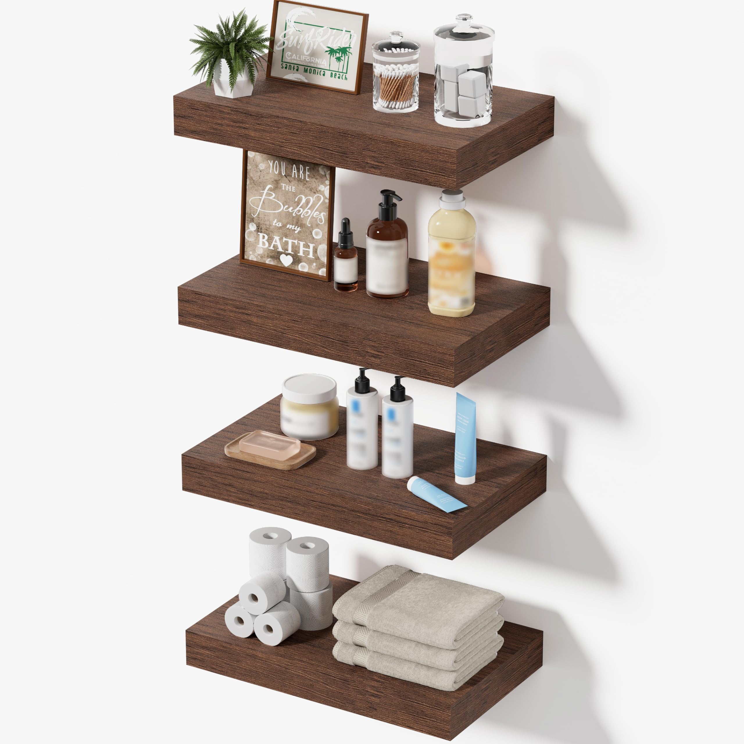 Photo 1 of Mifurn Floating Shelves for Wall, Bathroom Shelves Over Toilet, Wall Shelves & Book Shelf for Room, Hanging Shelf, Modern Wooden Mounted Floating Shelves, 12x7x1.5 in (Walnut-Like, Set of 4)