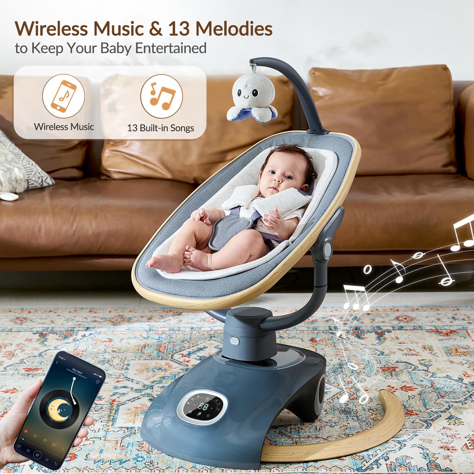 VaVaSoo Electric Baby Swing Newborn for Infants with 5 Speeds, Multi Motion 3D Baby Rocker for Girl Boy Swingset Indoor with 13 Melodies Music, Remote Control, Dark Gray