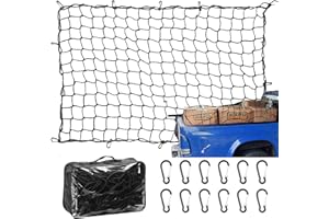 Amiss 4' x 6' Stretches to 8' x 12' Truck Cargo Net, Roof Rack Cargo Net for Pickup Trucks SUV, Heavy Duty Truck Bed Cargo Bungee Net with 12 Black Clips and Storage Bag, Car Exterior Accessories
