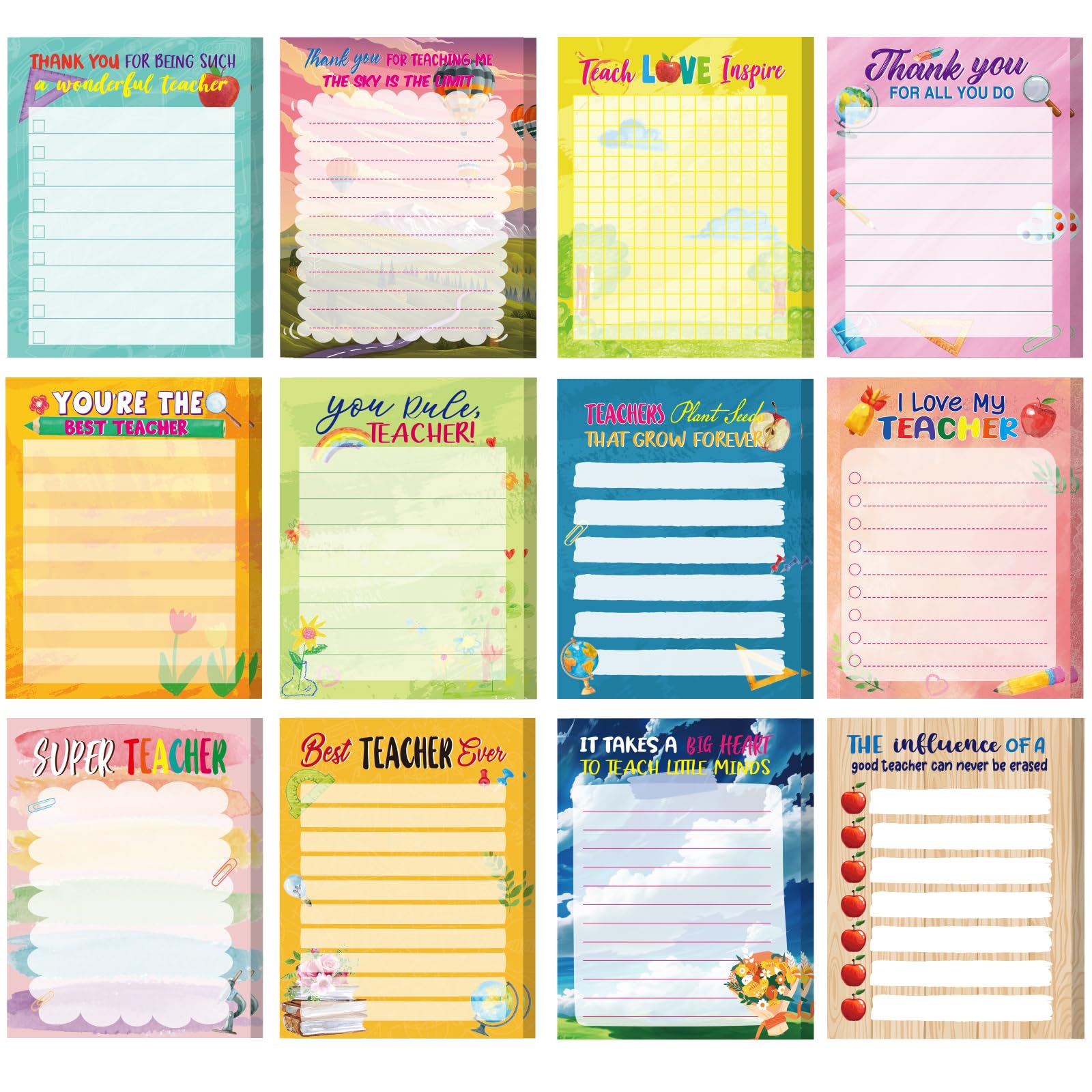 Photo 1 of 12 Pcs Teacher Appreciation Notepad Gift Sets Lined Notepads Teacher to Do List Memo Notepads for Present Colored Cute Sticky Paper Notes Organizer Supplies(Elegant Style)