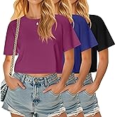 Huukeay 3 Pack Women's Half Sleeve Crop Tops Oversized Crew Neck Summer Casual Short T-Shirts Loose Fit Drop Shoulder Tees
