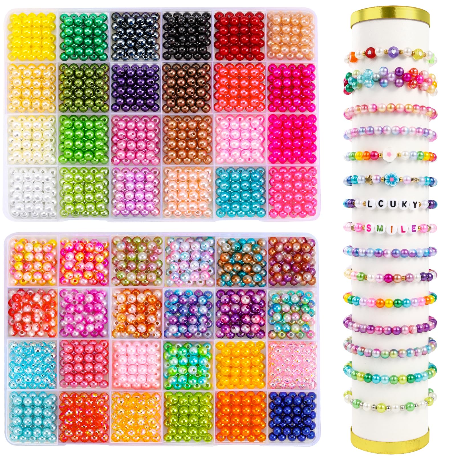 JOLCEEY 2400pcs Pearl Beads for Jewelry Making - 48 Colors 6mm Plastic Colorful Round Glass Spacer Imitation Dyed Faux Pearls for Bracelets, DIY Crafts, Gifts