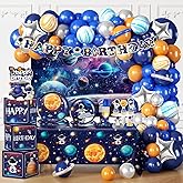 296PCS Space Birthday Decorations, All-in-1 Party Pack, 25 Serves Disposable Tableware Set, Includes Balloon Boxes, Backdrop Tablecloth for Outer Astronaut Birthday Decorations