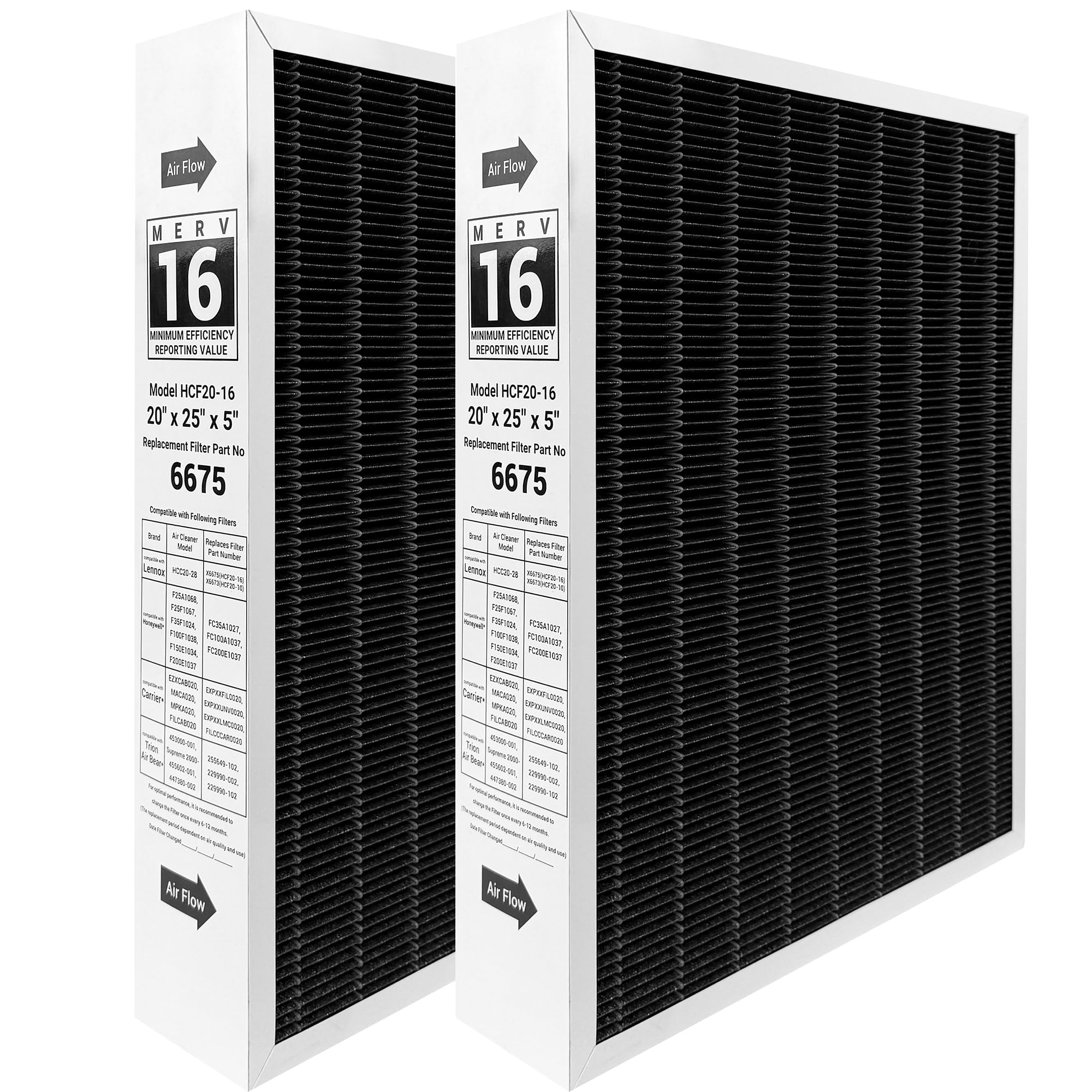 View 1 of 2 Pack 6675 20x25x5 Merv 16 Air Filter Carbon Efficient Air Filter Compatible with Lennox HCC20-28 Furnace HVAC System, Part Number HCF20-16 (Actual Size: 19.7 x 24.6 x 4.3 In)