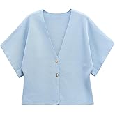 hathne Women's V Neck Short Sleeve Cardigan Sweater Button Down Ribbed Knit Tops