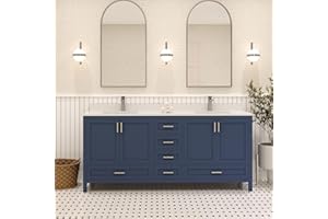 Ayna Decors Rooh 72 inch Navy Blue Double Sink Bathroom Vanity Set with White Quartz Countertop, 4 Soft Closing Doors, 6 Full Extention Soft Close Drawer, Brushed Nickel Hardware, AVR72NB3002