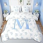 Erosebridal Kawaii Blue Bow Queen Comforter Set with Sheets 7 Piece Girly Princess Ribbon Bed in A Bag Romantic Initial M Letter Bedding Sets for Kids Girls Women Fantasy Monogram Bow Tie Bed Set