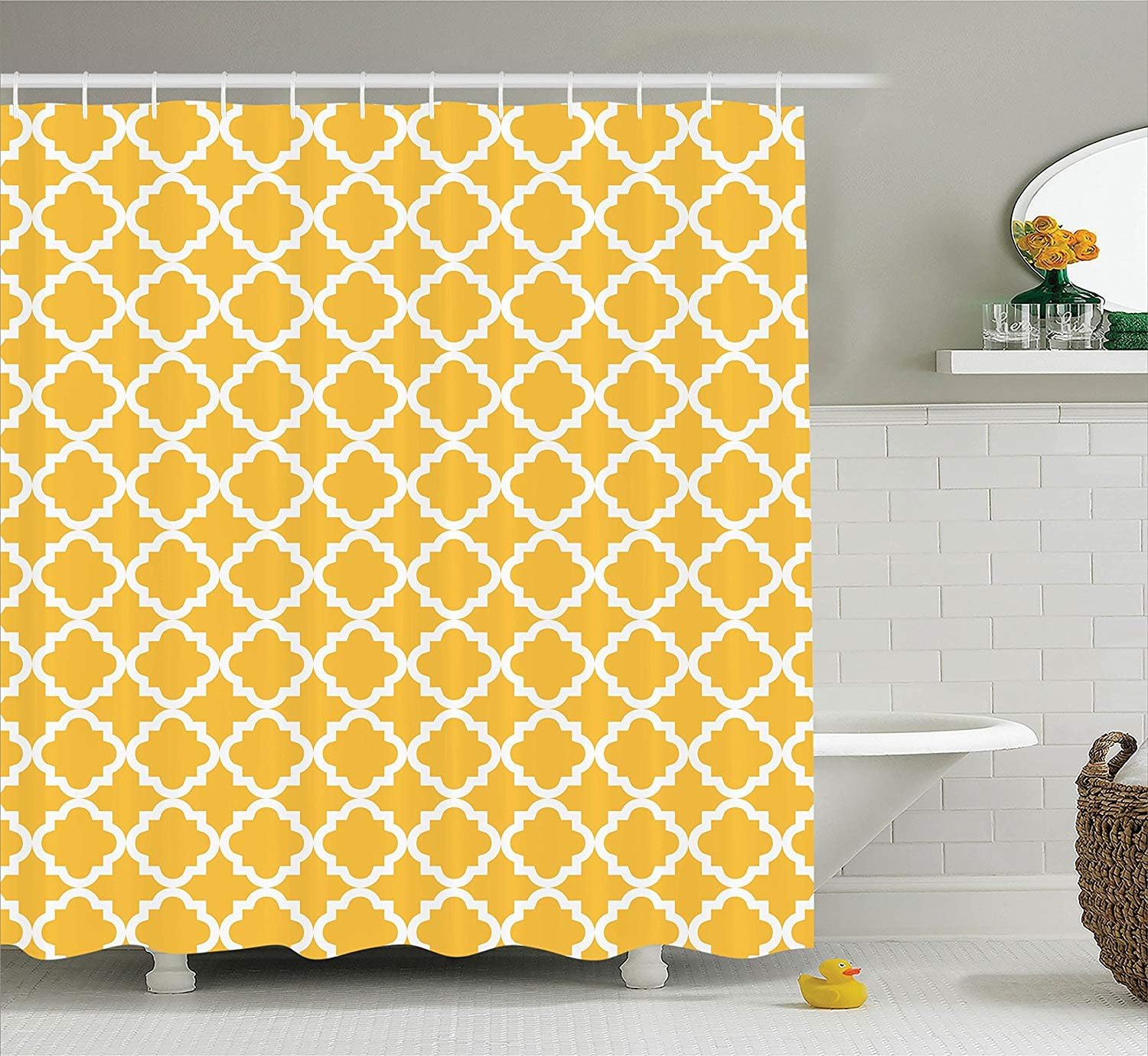 Amazon Com Ambesonne Quatrefoil Shower Curtain Vintage Classic Pattern With Monochrome Elements In Old Fashioned Style Print Cloth Fabric Bathroom Decor Set With Hooks 75 Long Mustard White Home Kitchen