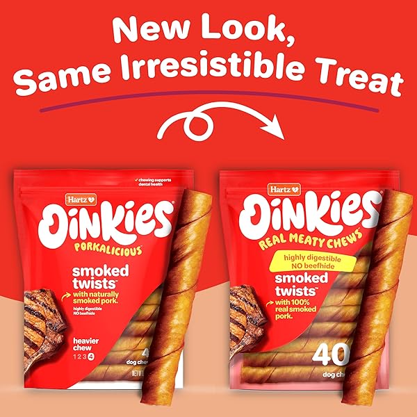 HARTZ OINKIES SMOKED TWISTS WITH NATURALLY SMOKED PORK RAWHIDE-FREE DOG TREATS, HIGHLY DIGESTIBLE LONG LASTING DOG CHEWS, 40 COUNT