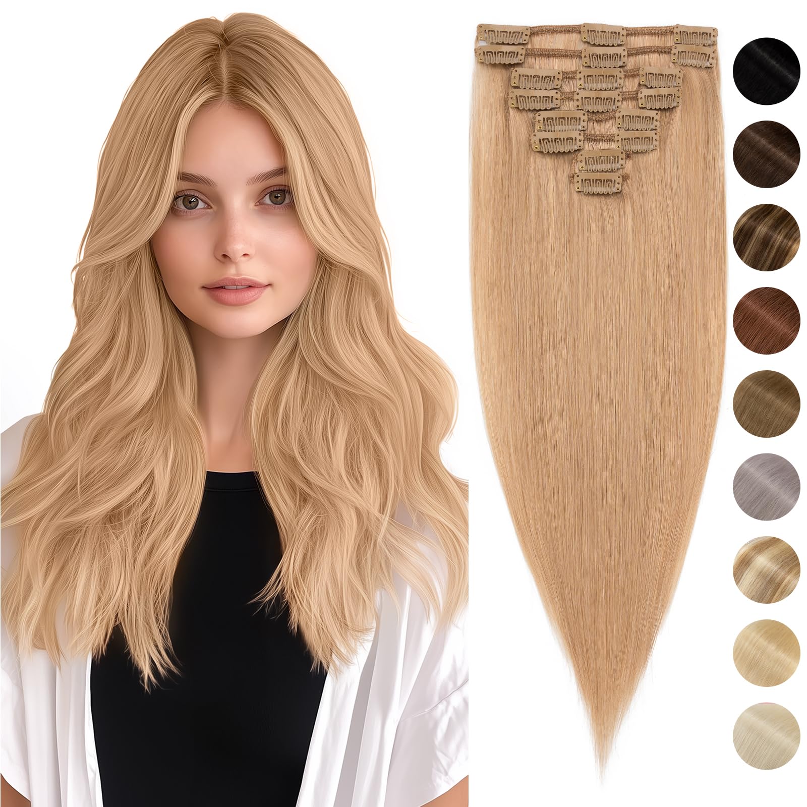 Silk-co 18" Real Hair Extensions Hair Extensions Clip in Real Remy Human Hair #27 Dark Blonde 8 PCS 70g Long Straight -Basic Thickness-Thin Weft