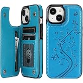 Vaburs Compatible with iPhone 15 Case Wallet with Card Holder,Embossed Butterfly Pattern PU Leather Double Buttons Flip Protective Shockproof Cover for Magnetic Car Mount 6.1 Inch (Blue)
