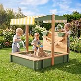ROBOTIME Kids Wooden Sandbox with Canopy, Cover &amp; Sand Play Accessories | Wooden sandbox with adjustable canopy, liner, sand track, funnels, and buckets for outdoor creative play