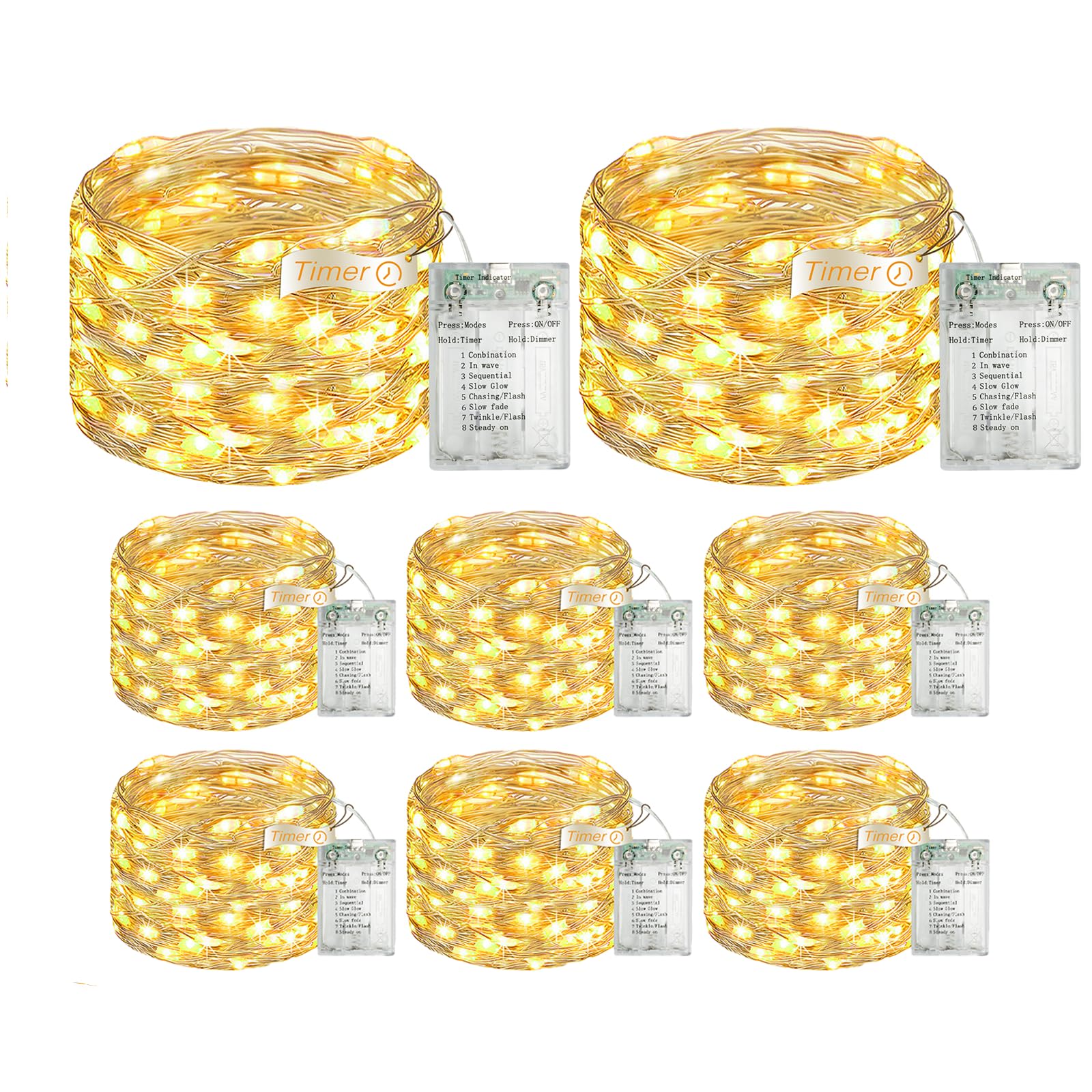 Fairdeer 8 Pack 16FT 50 LED Fairy Lights Battery Operated with Timer, 8 Modes USB Mini Twinkle Light, Small String Lights for Wreath Vase Bedroom DIY Wedding Party Decorations-Warm White