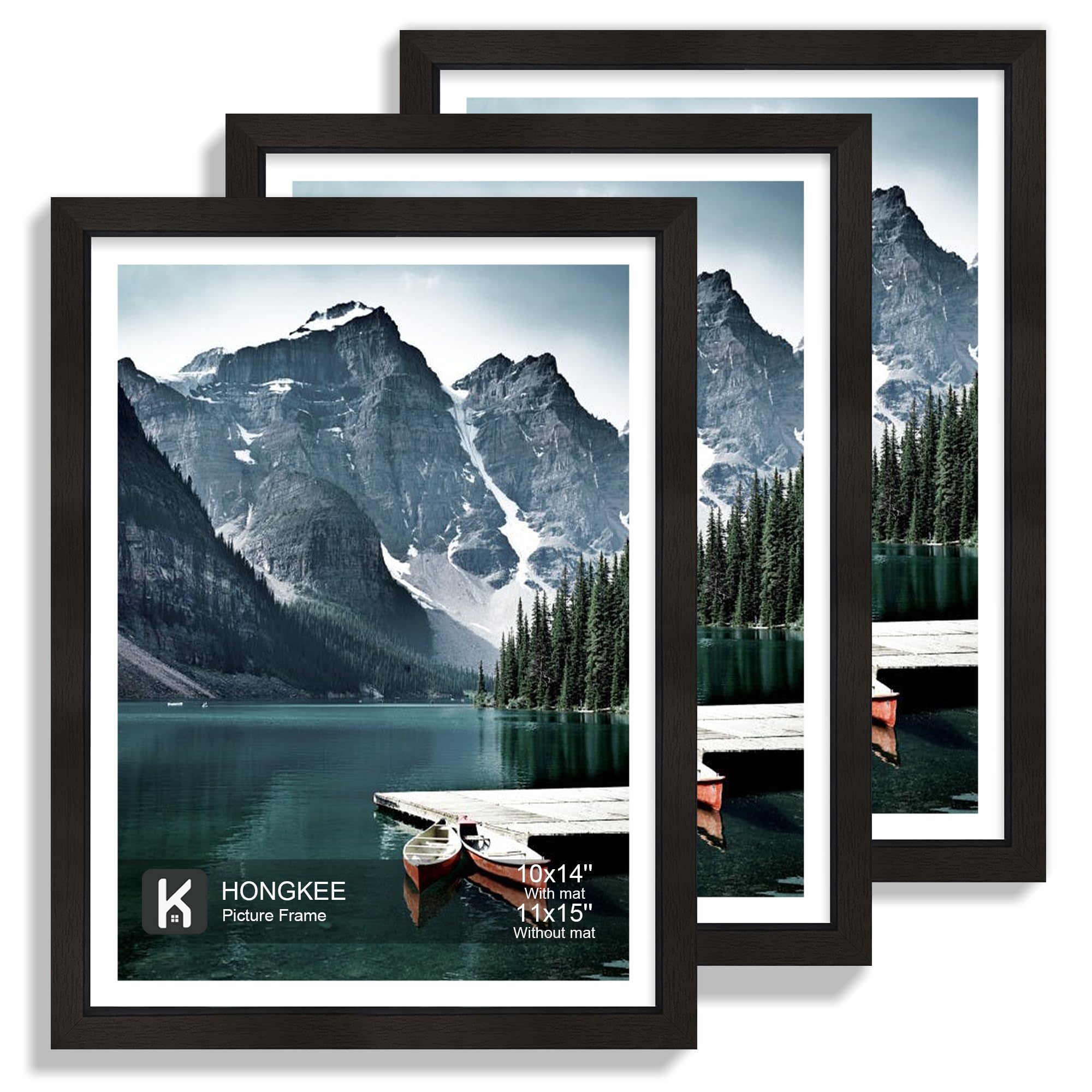 Hongkee 11x15 Picture Frame with Real Glass - Display Pictures 10x14 with Mat or 11 x 15 without Mat, Wall Collage Photo Frame set(Black, 3 Pack) Image