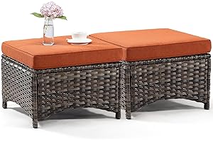 Joyside Outdoor Ottomans for Patio Set of 2 PE Wicker Steel Frame Outdoor Footstool with Removable Olefin Cushions for Garden, Patio, Backyard and Deck, Orange