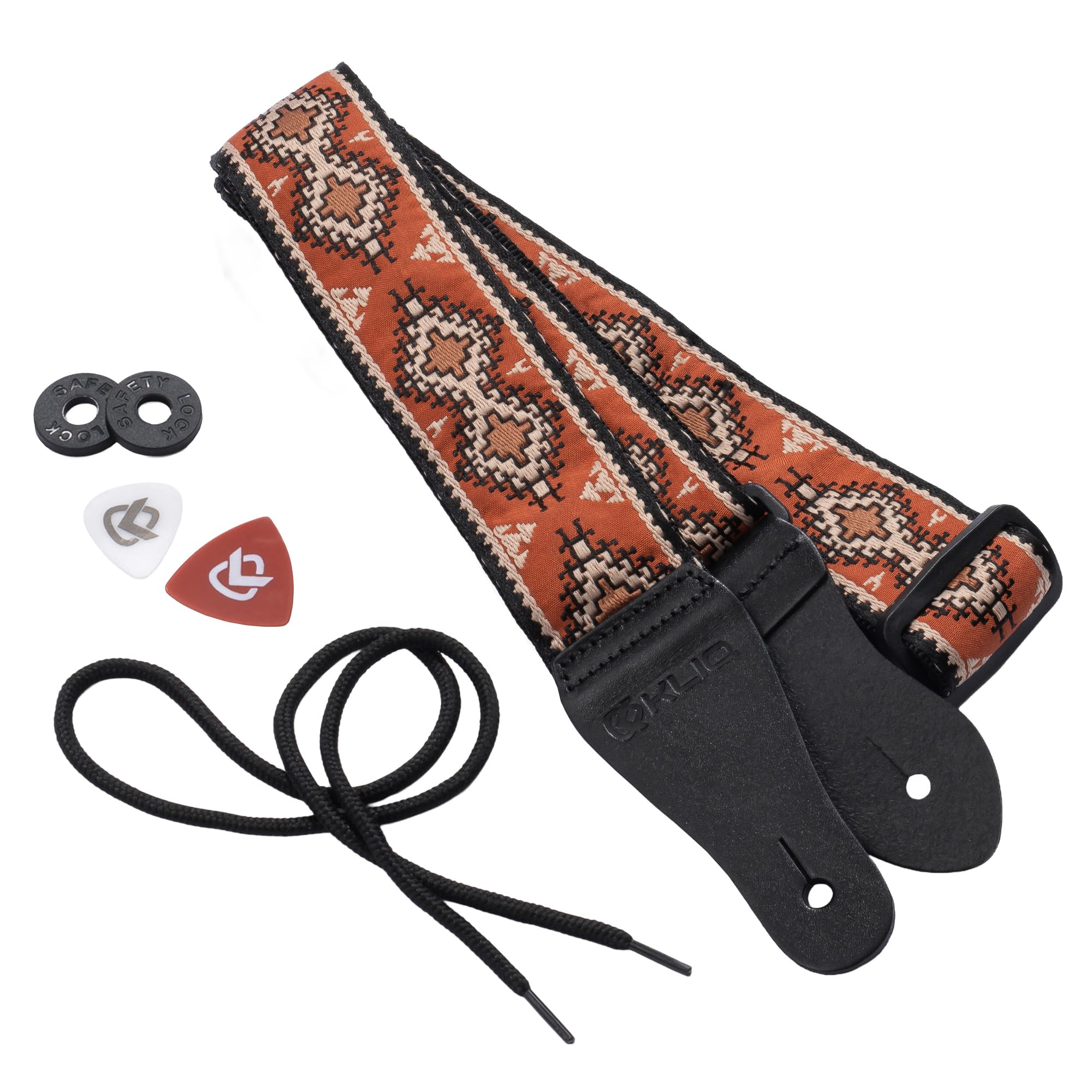 KLIQ Vintage Woven Guitar Strap for Acoustic and Electric Guitars + 2 Free Rubber Strap Locks, 2 Free Guitar Picks and 1 Free Lace | '60s Jacquard Weave Hootenanny Style | Native, Navajo Sienna/Tan