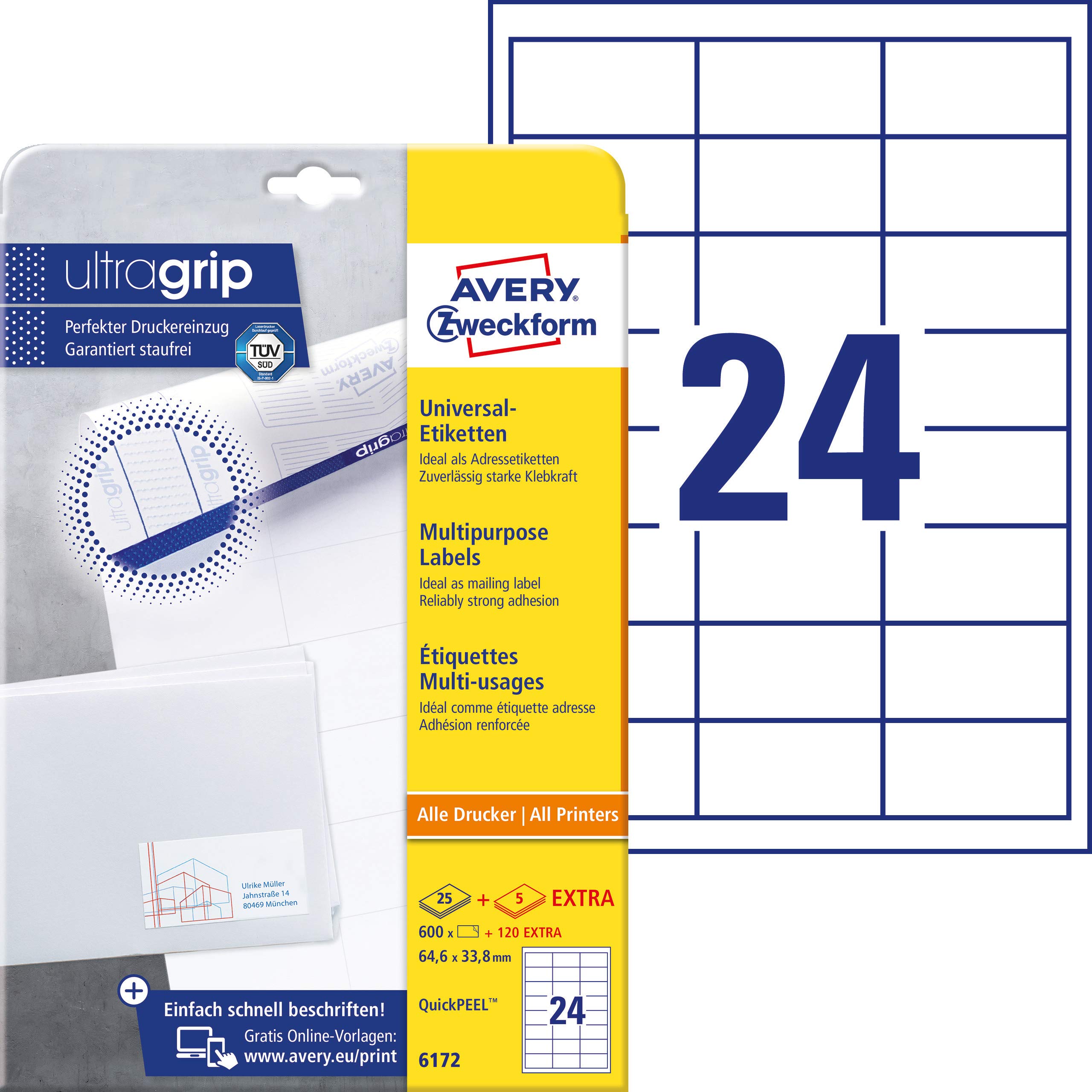Avery Zweckform 6172 Universal Labels 25 Sheets / 600 Labels / 64.6 x 33.8 mm White