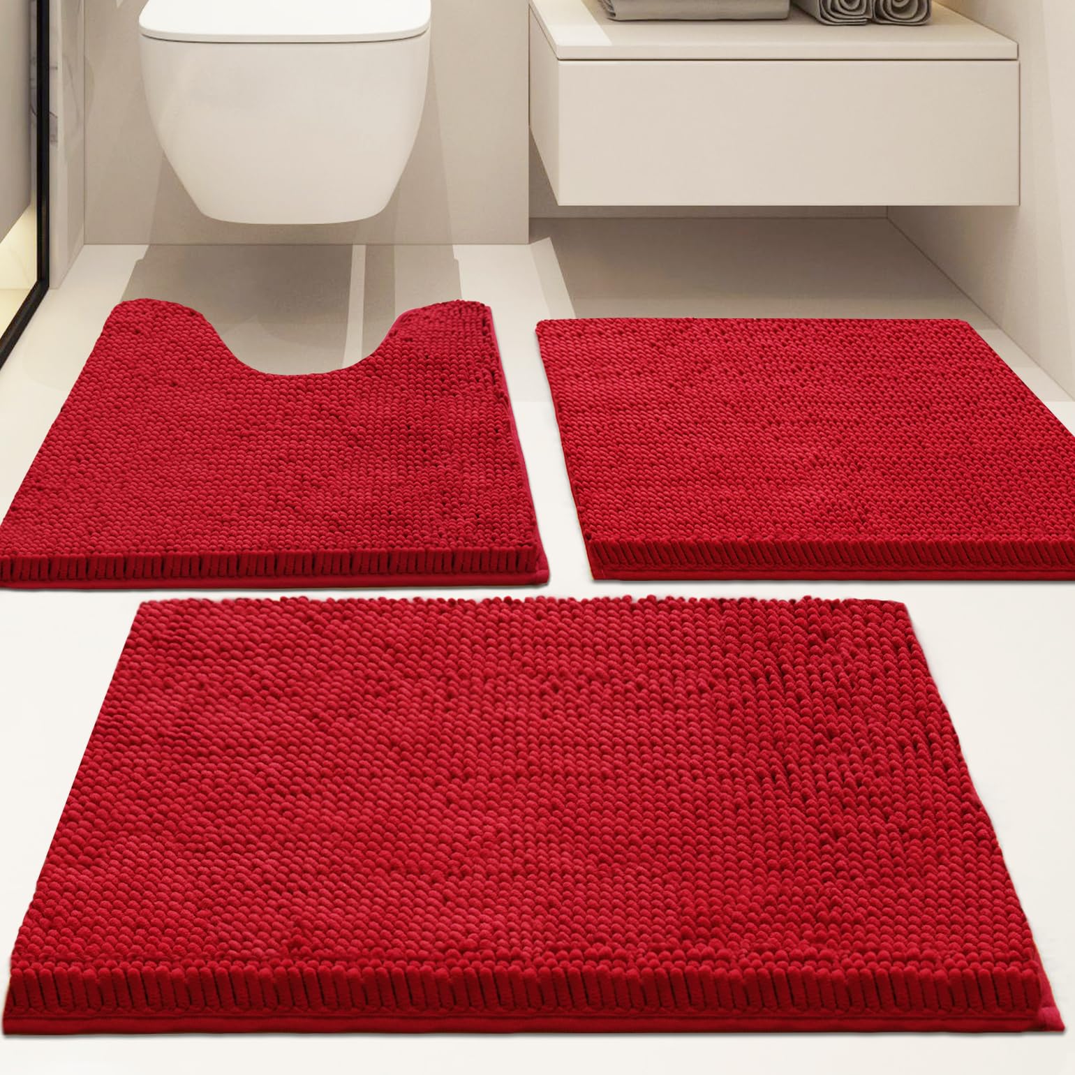 AINAHYVA Bathroom Rugs Chenille Bath mat 3 Piece Set, Super Absorbent, Strong PVC Non Slip Backing, Bath mats for Bathroom, Plush Shaggy, Thick, Machine Washable, Bathtub, Shower, Toilet, Red